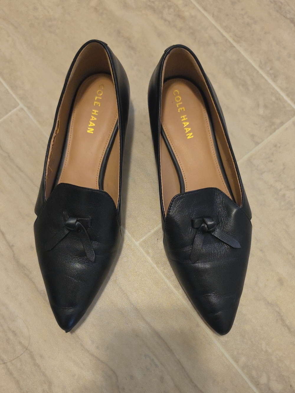 Cole Haan Black Pointed-Toe Leather Flats with Bow